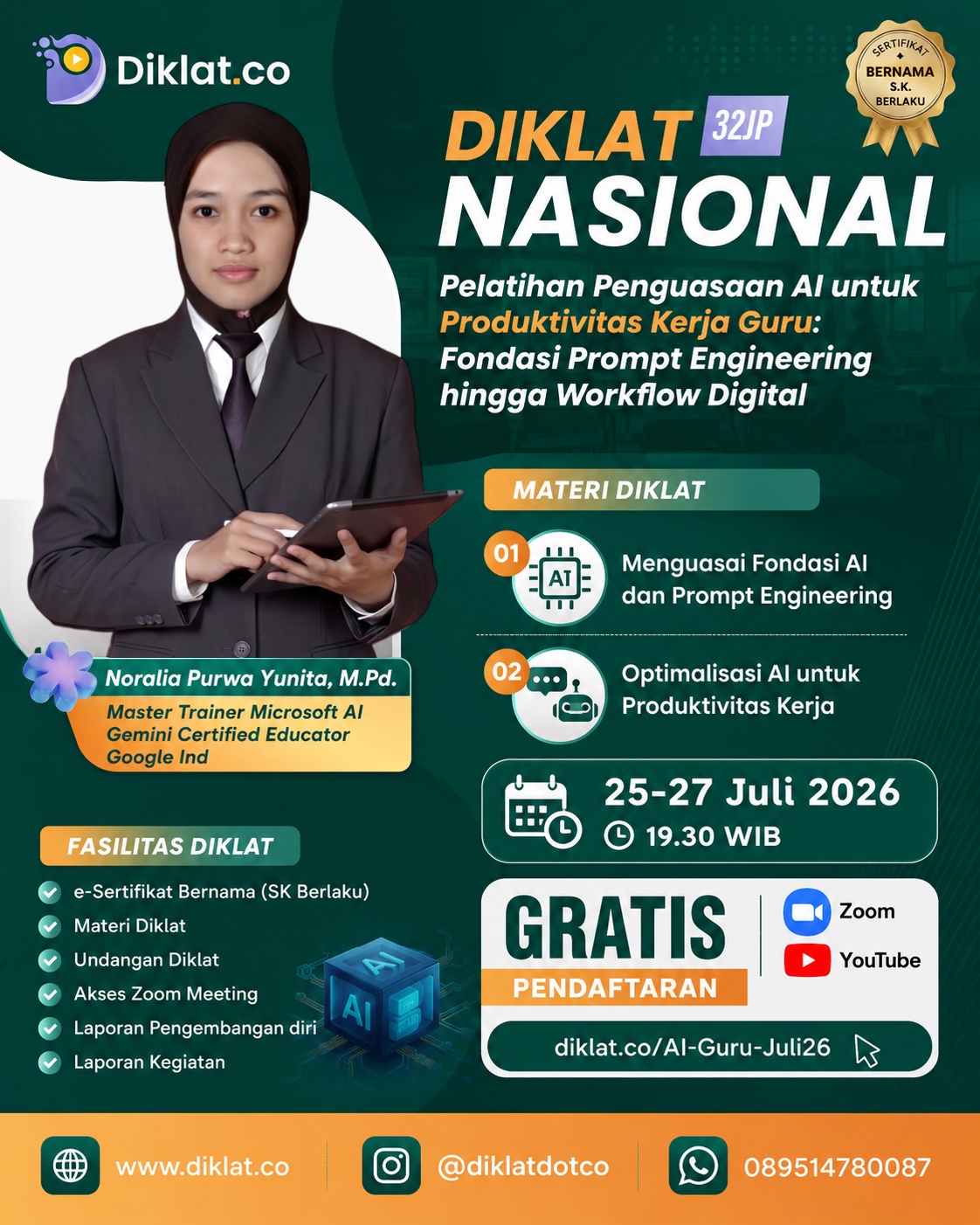 Diklat Nasional 32JP - Pelatihan Penguasaan AI untuk Produktivitas Kerja Guru: Fondasi Prompt Engineering hingga Workflow Digital
